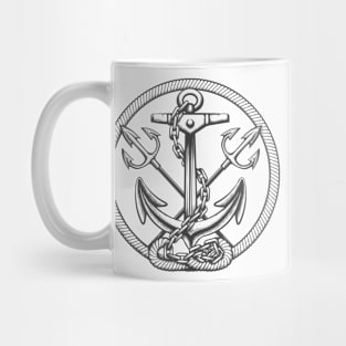 Ship anchor with tridents and ropes engraving illustration Mug